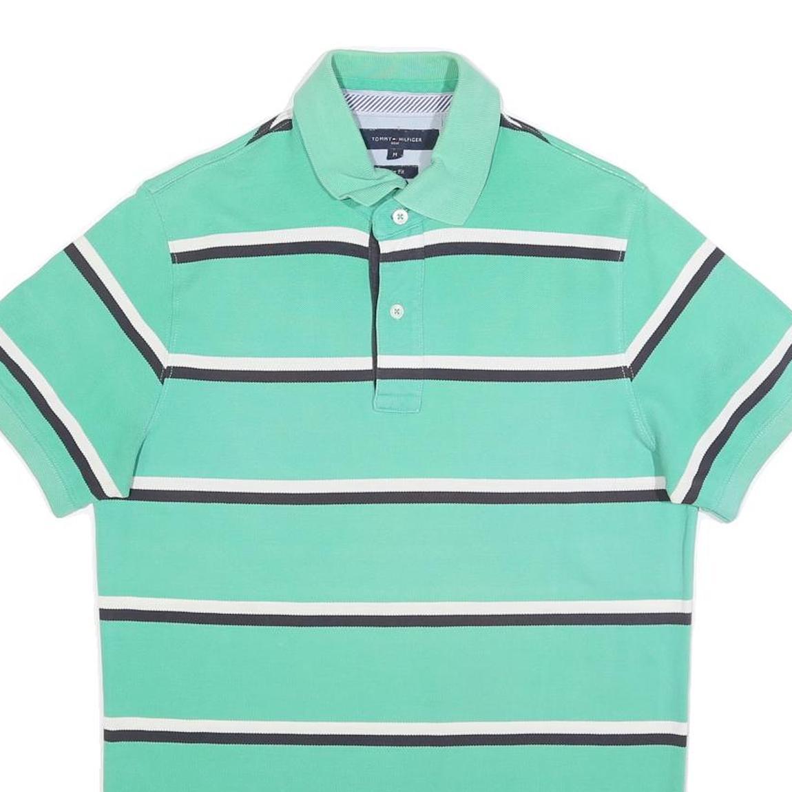 TOMMY HILFIGER Mens Green & White Striped Short Sleeve Polo Shirt M Cotton Blend
