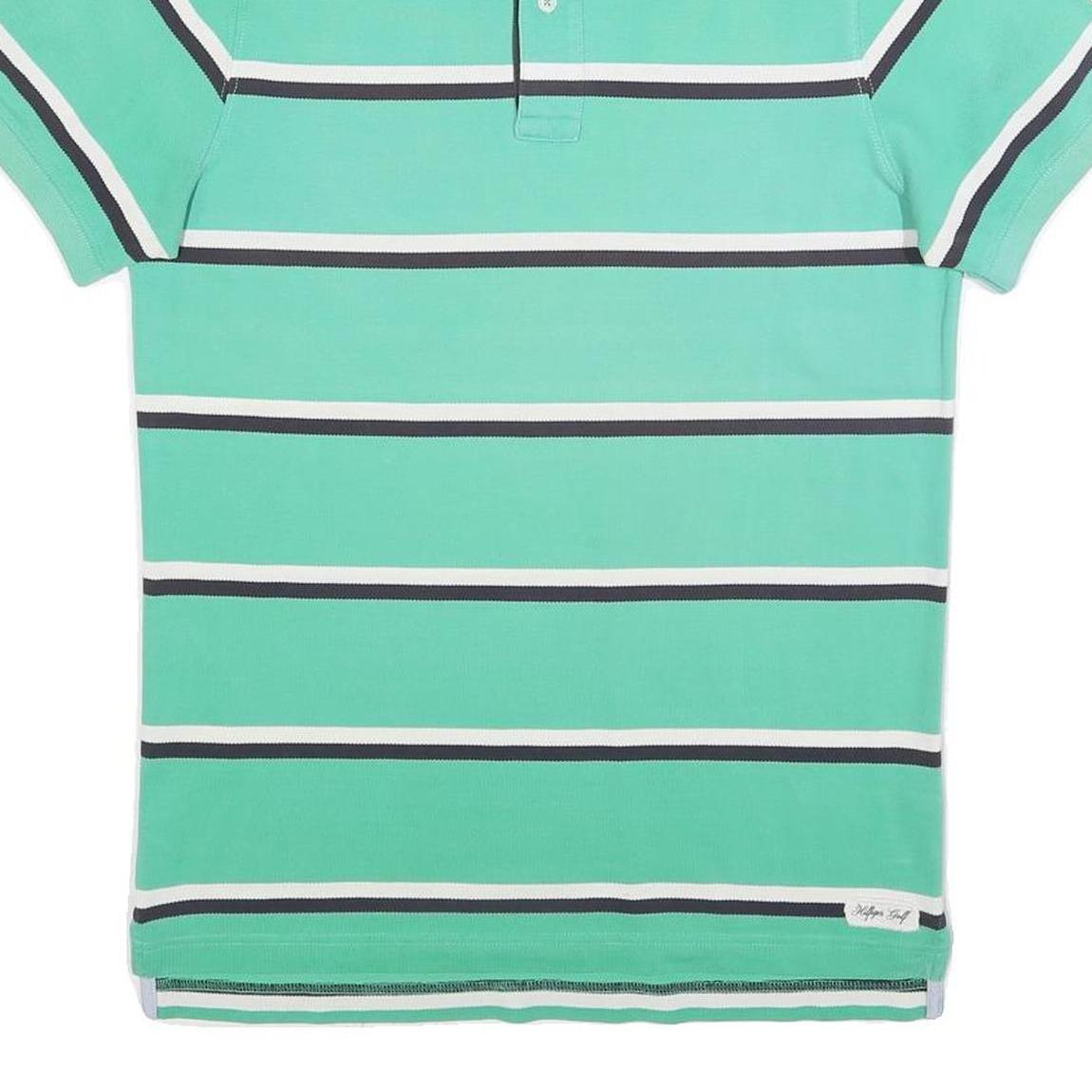 TOMMY HILFIGER Mens Green & White Striped Short Sleeve Polo Shirt M Cotton Blend