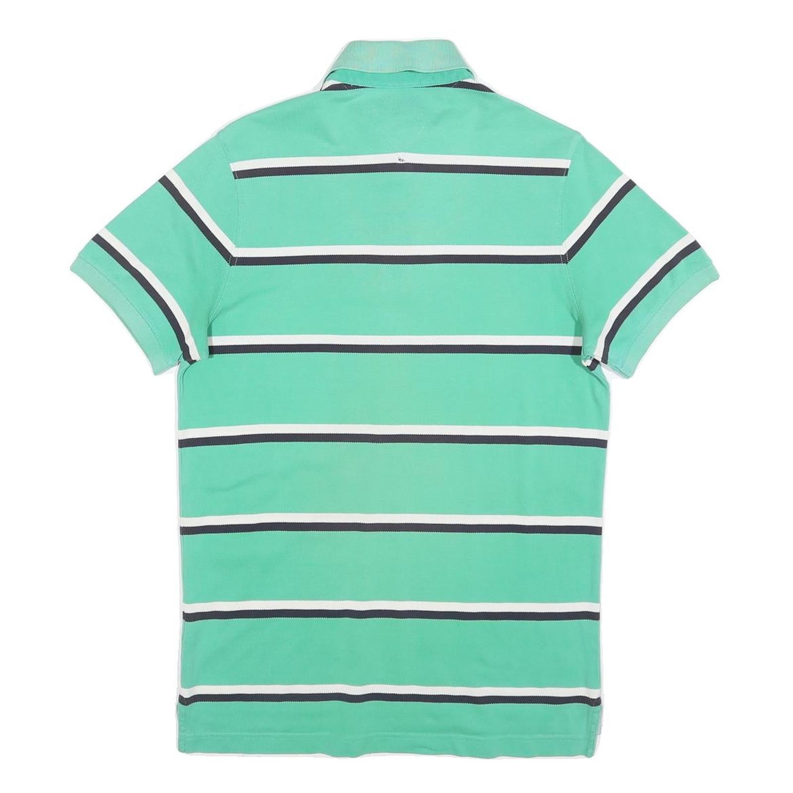 TOMMY HILFIGER Mens Green & White Striped Short Sleeve Polo Shirt M Cotton Blend
