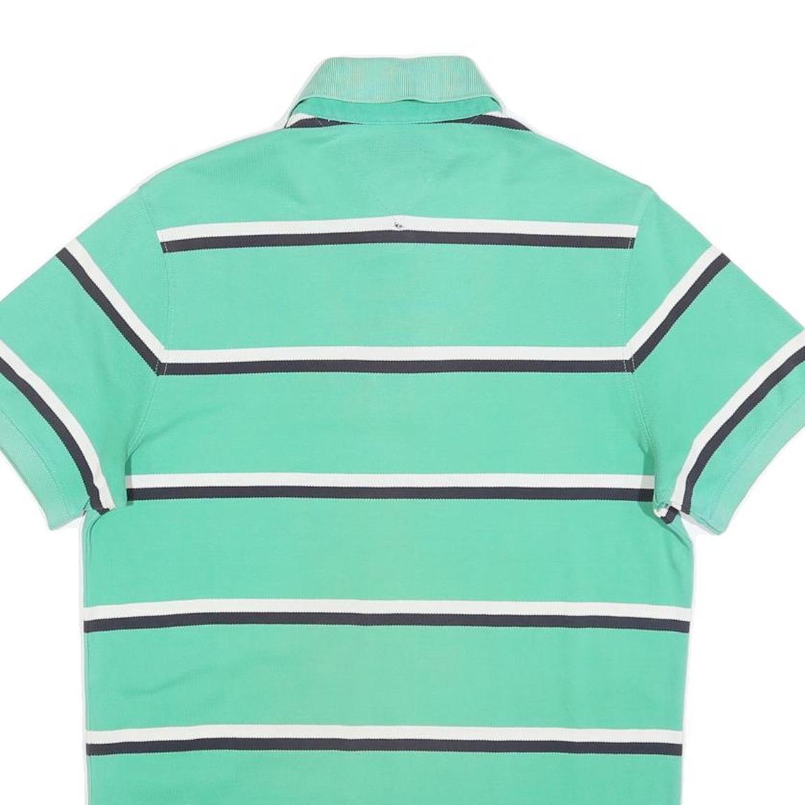 TOMMY HILFIGER Mens Green & White Striped Short Sleeve Polo Shirt M Cotton Blend