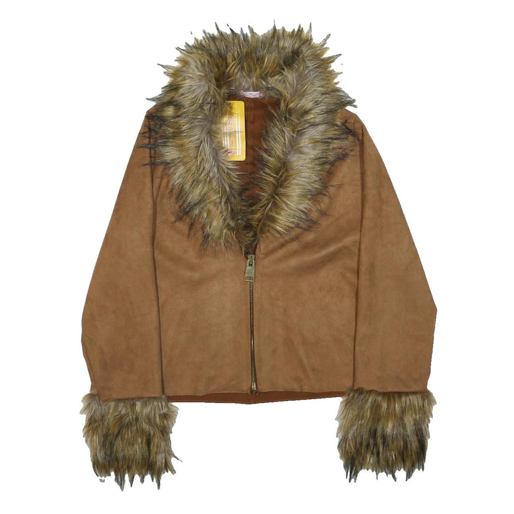 DONNA BELLA Womens Brown Faux Fur Collar Zip Jacket M Viscose Blend Warm Stylish