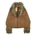 DONNA BELLA Womens Brown Faux Fur Collar Zip Jacket M Viscose Blend Warm Stylish