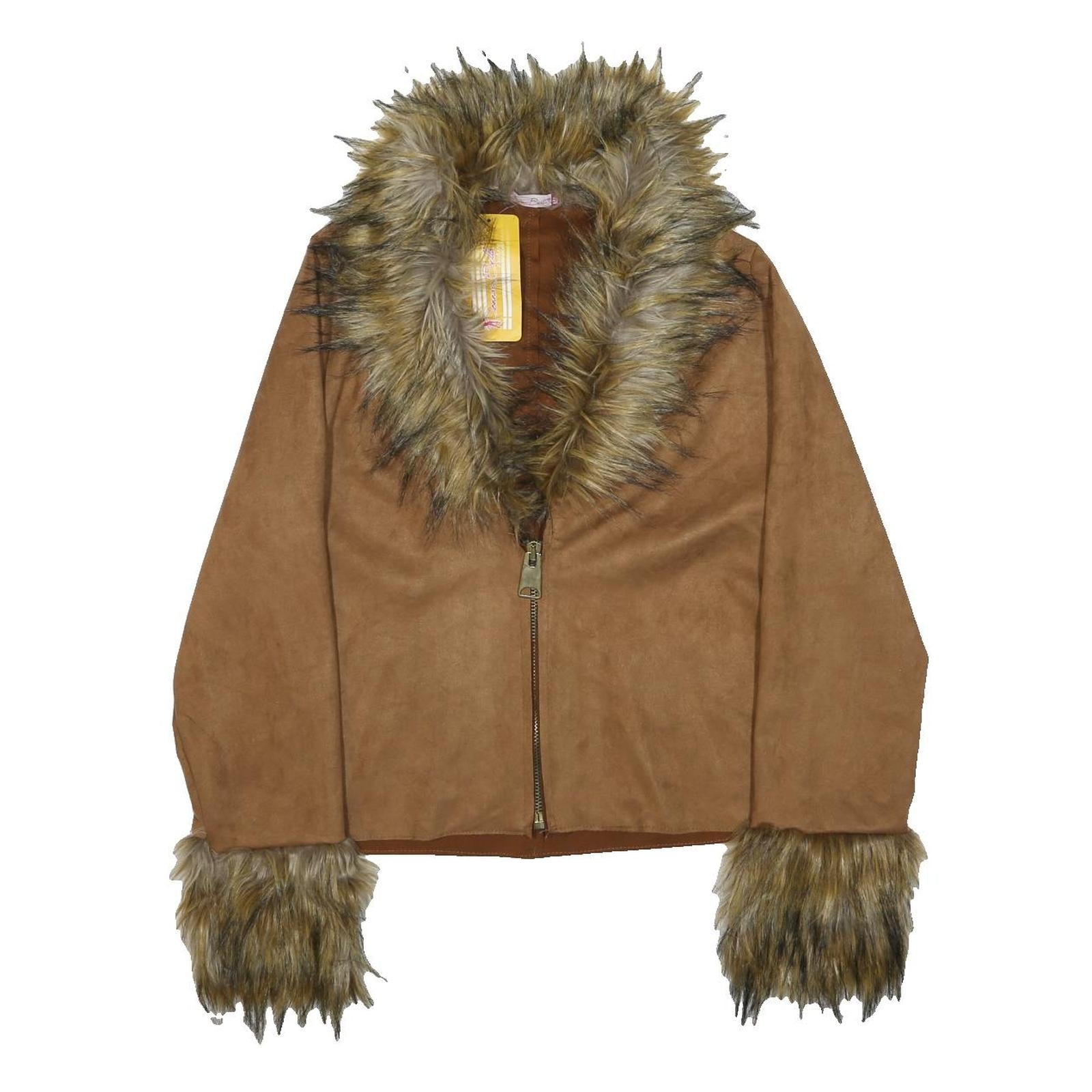 DONNA BELLA Womens Brown Faux Fur Collar Zip Jacket M Viscose Blend Warm Stylish