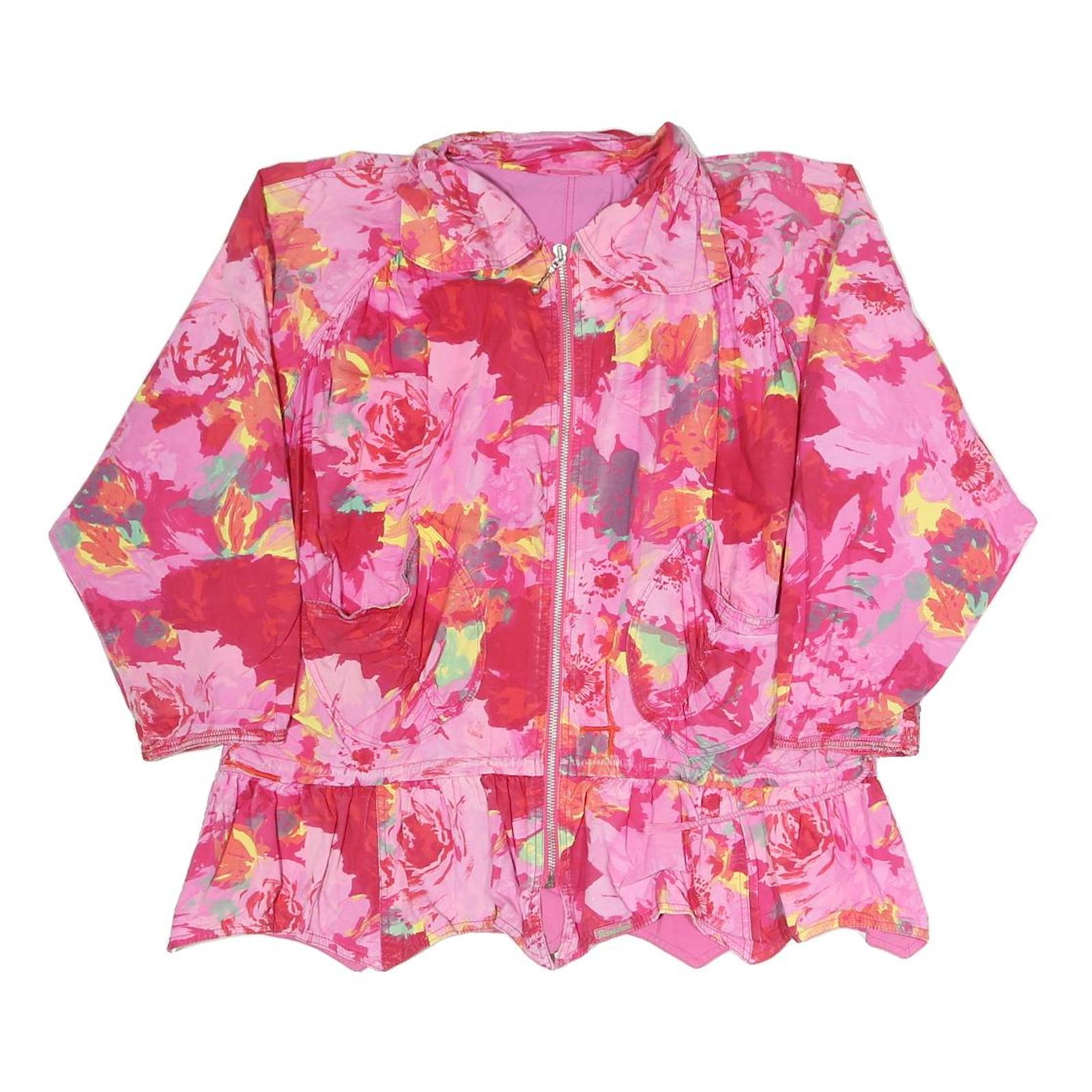 Womens Pink Floral Print Zip Jacket L Polyester Blend Lightweight Casual