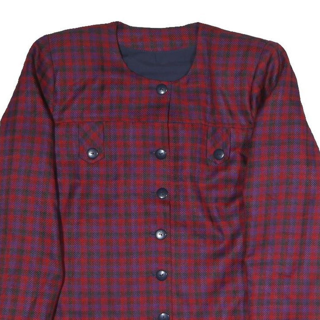 Womens Red Blue Check Button Jacket L Polyester Blend Classic Fit Long Sleeve