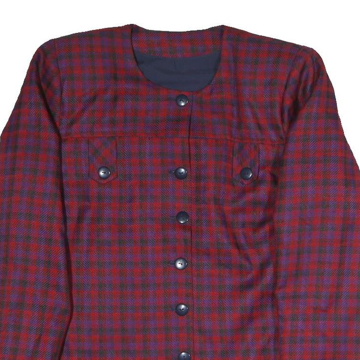 Womens Red Blue Check Button Jacket L Polyester Blend Classic Fit Long Sleeve