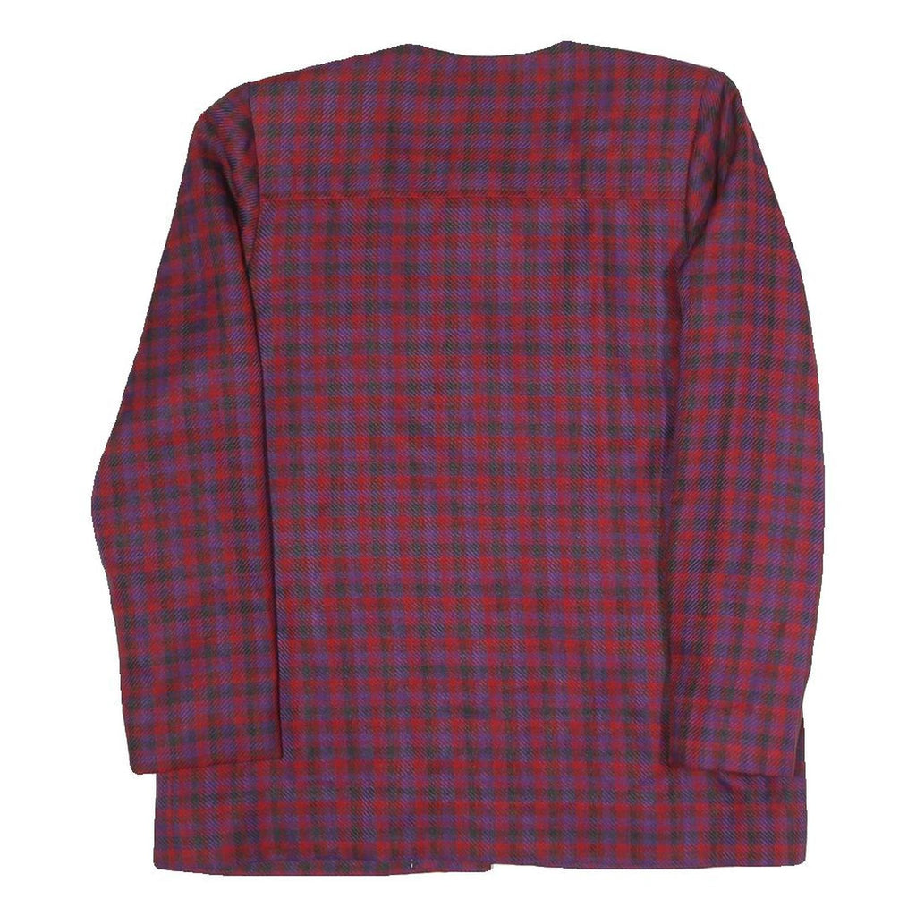 Womens Red Blue Check Button Jacket L Polyester Blend Classic Fit Long Sleeve