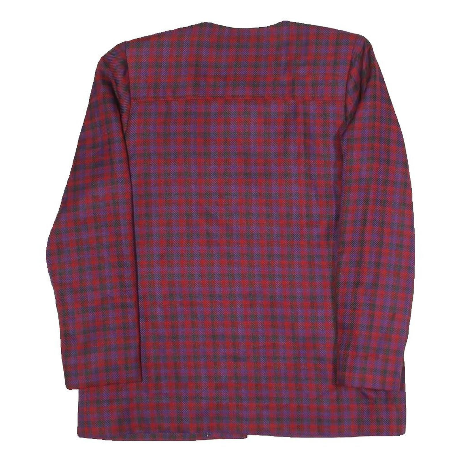 Womens Red Blue Check Button Jacket L Polyester Blend Classic Fit Long Sleeve