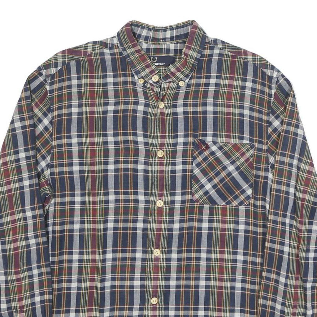 FRED PERRY Mens Blue Red Green Check Shirt M Cotton Blend Classic Button-Down