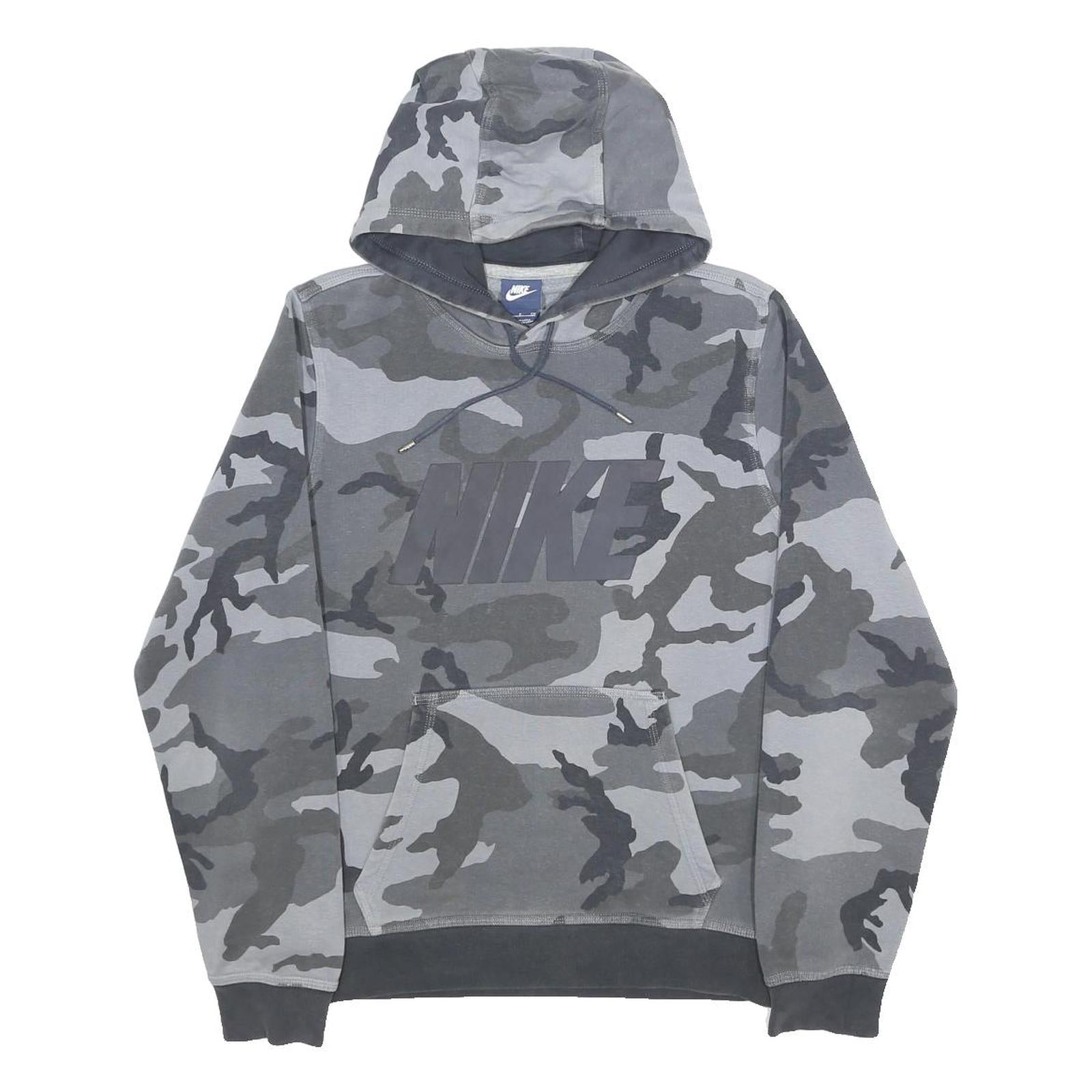 NIKE Mens Grey Camo Pullover Hoodie S Cotton Blend Casual Sportswear