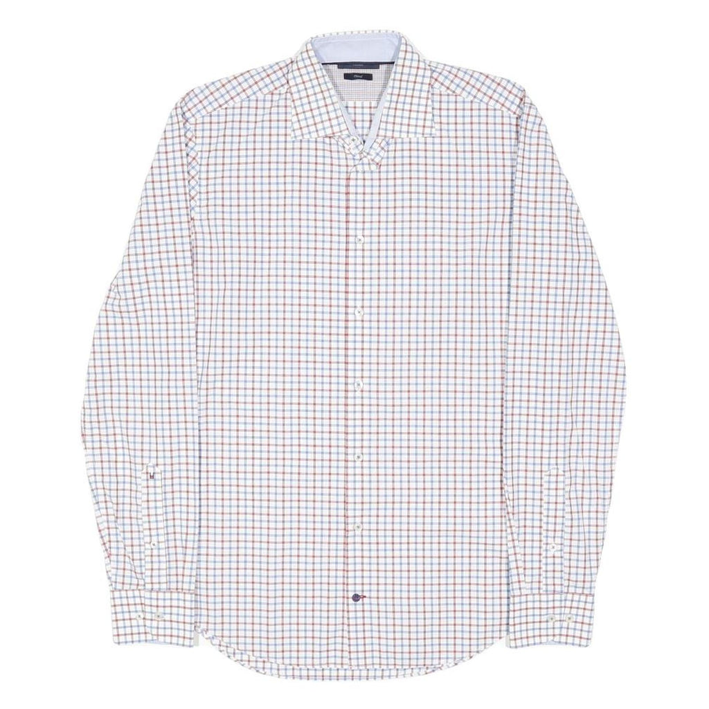 TOMMY HILFIGER Mens White Blue & Brown Check Shirt S Casual Smart Cotton