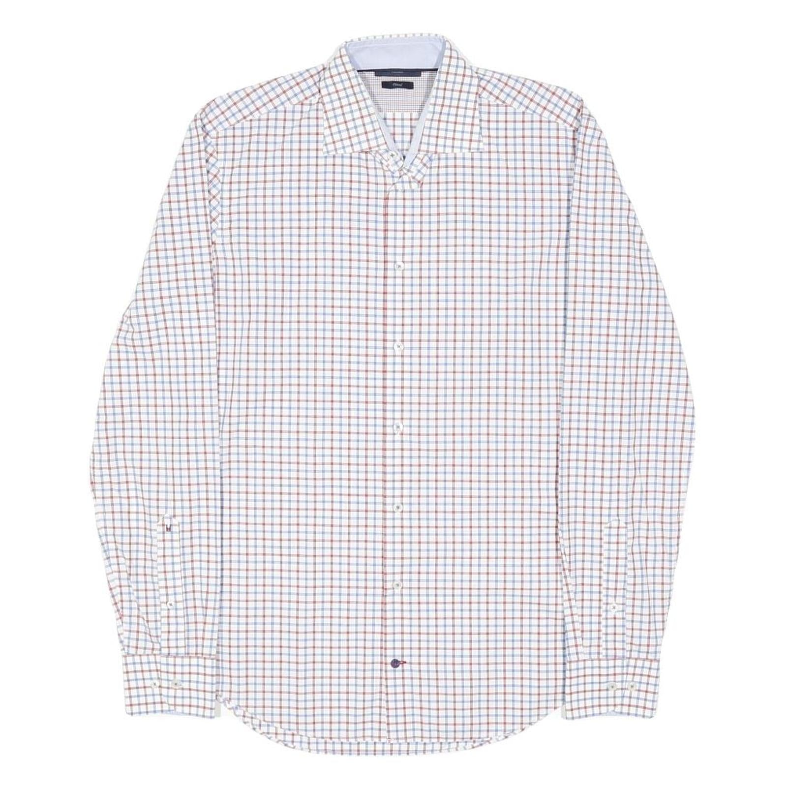 TOMMY HILFIGER Mens White Blue & Brown Check Shirt S Casual Smart Cotton