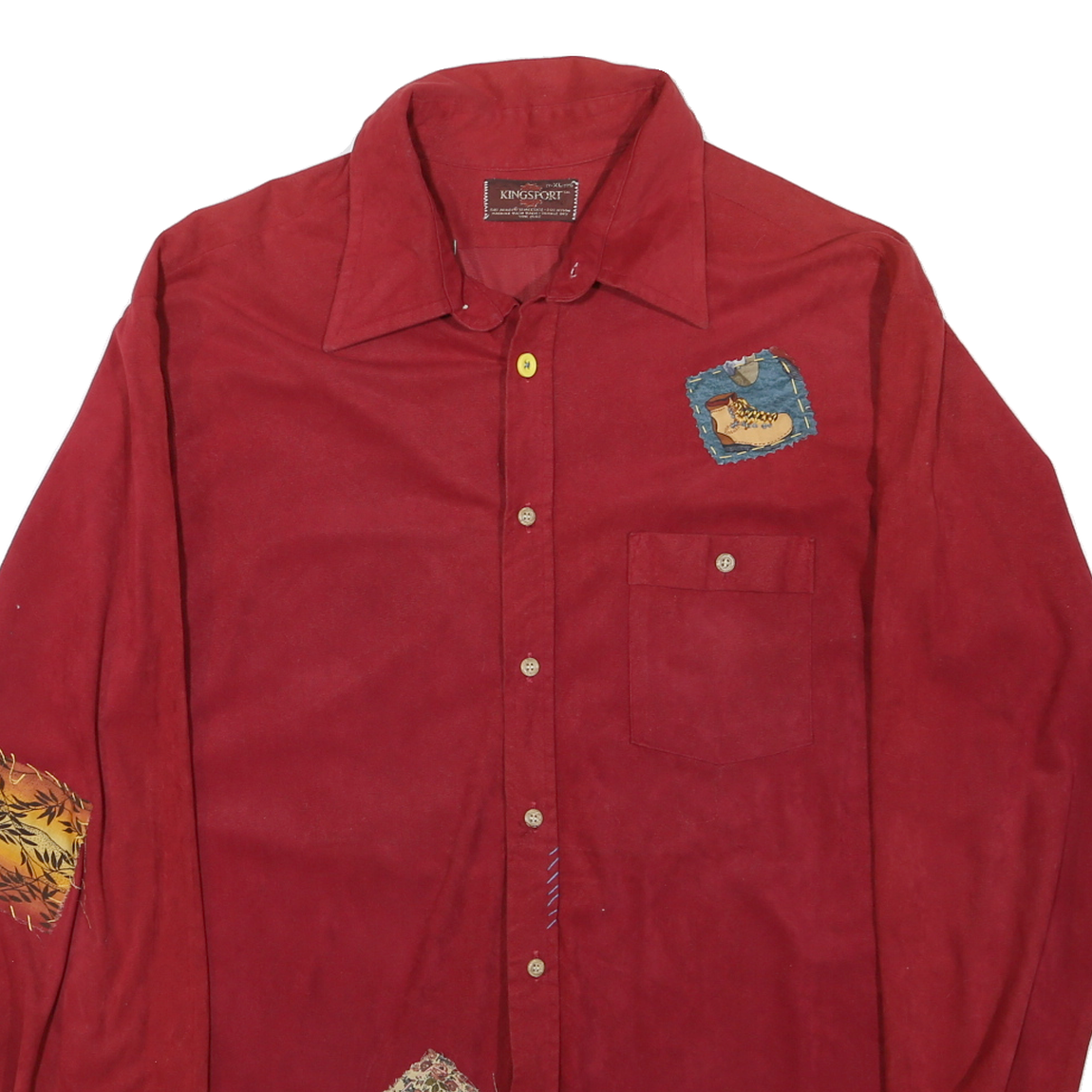 KINGSPORT Mens Red Patchwork Cotton Blend Shirt XL Casual Buttoned Shirt