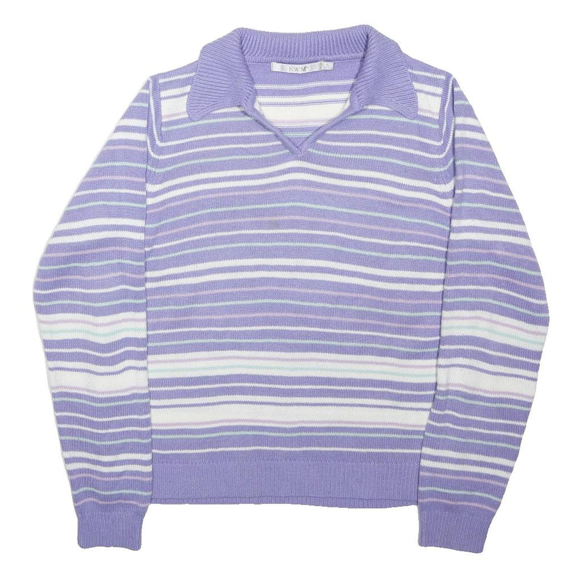 EWM Womens Purple & White Patterned Jumper Collared Crew Neck Basic Knit Size S