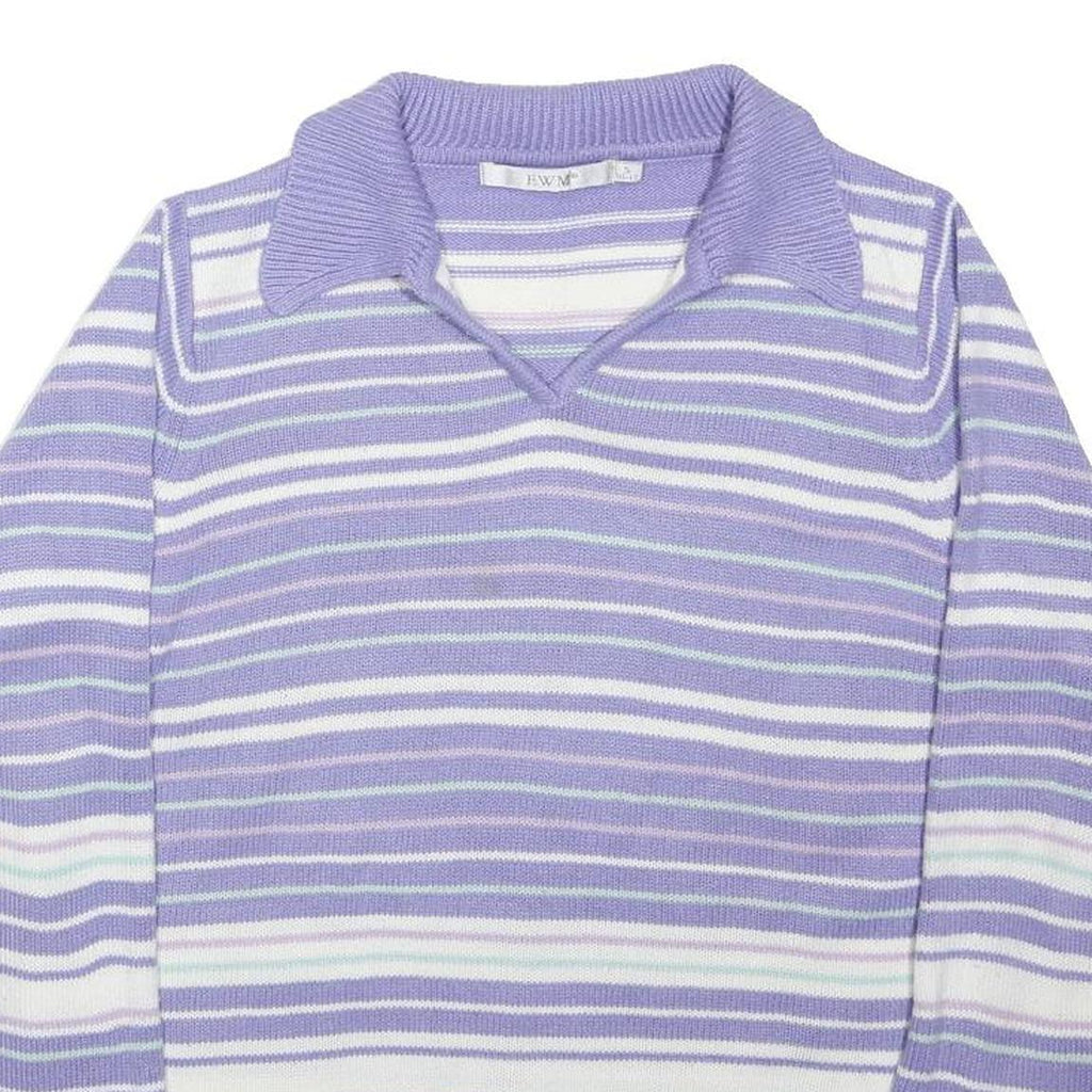 EWM Womens Purple & White Patterned Jumper Collared Crew Neck Basic Knit Size S