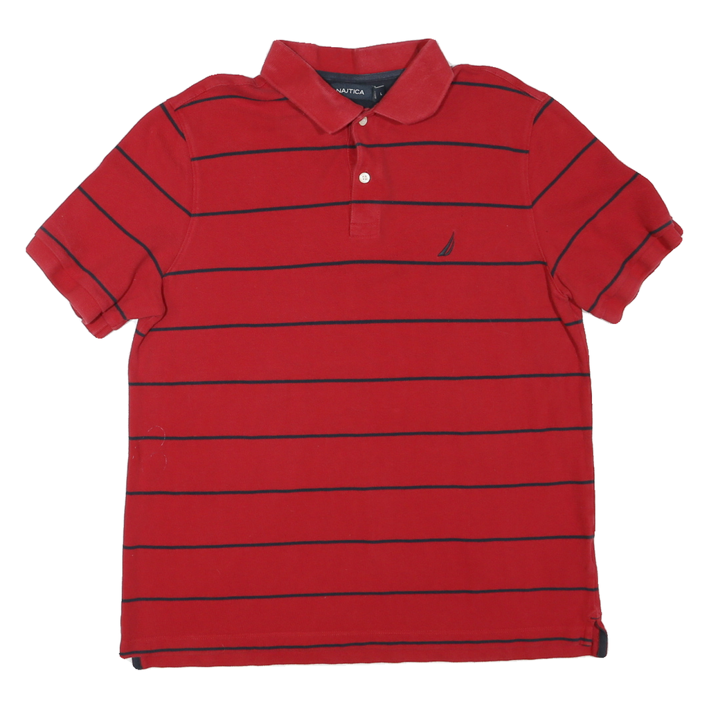 NAUTICA Mens Red & Navy Striped Short Sleeve Polo Shirt L Classic Cotton Blend