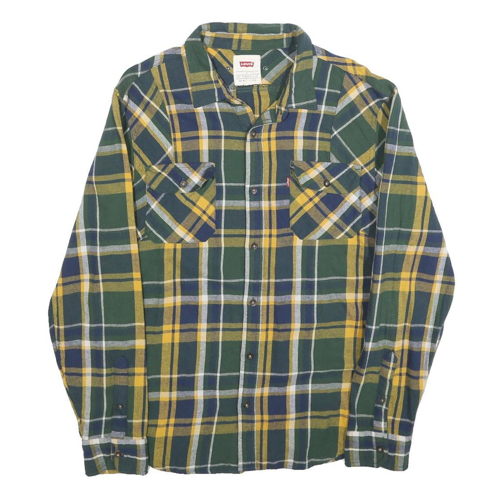 LEVI'S Mens Green & Yellow Check Cotton Blend Shirt L Classic Casual Button-Up