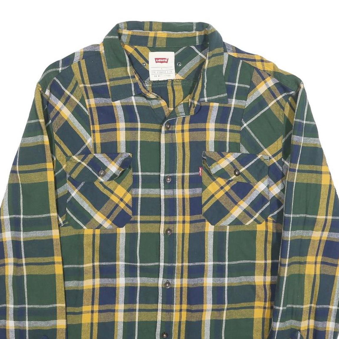 LEVI'S Mens Green & Yellow Check Cotton Blend Shirt L Classic Casual Button-Up