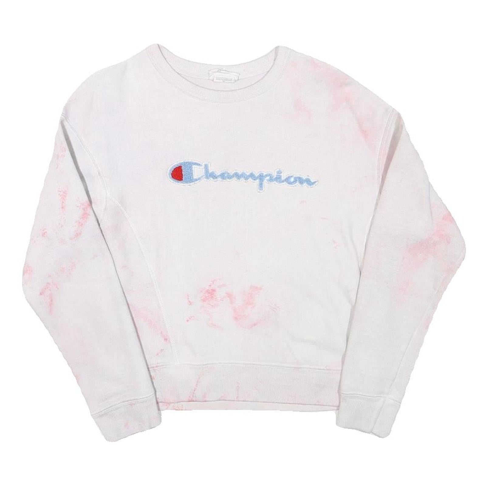 CHAMPION Mens White & Pink Script Logo Crew Neck S Cotton Blend Sweatshirt