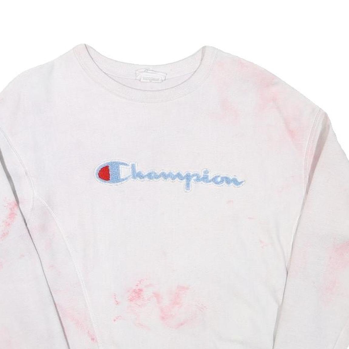 CHAMPION Mens White & Pink Script Logo Crew Neck S Cotton Blend Sweatshirt