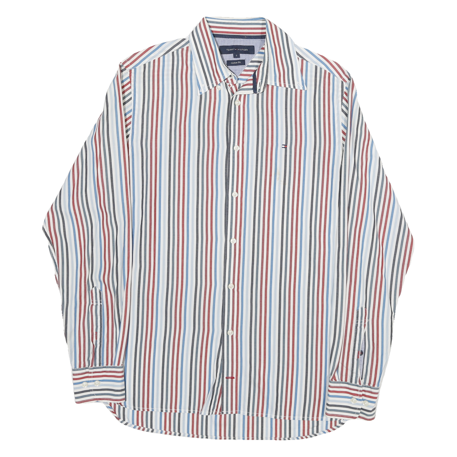 TOMMY HILFIGER Mens Blue & Red & White Striped Shirt S Cotton Blend Classic Fit