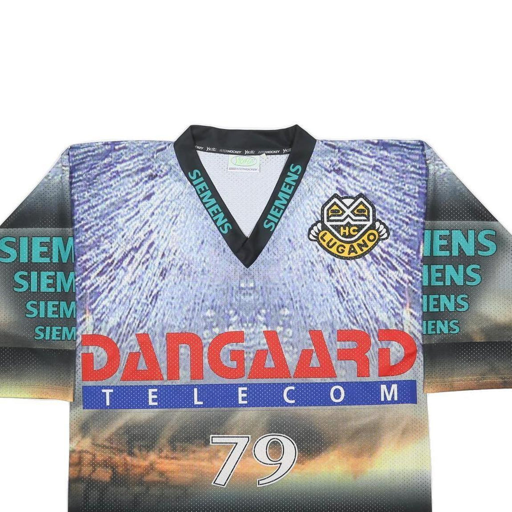 YVETTE HC Lugano 2000s Mens Grey Blue Graphic T-Shirt L Short Sleeve V-Neck