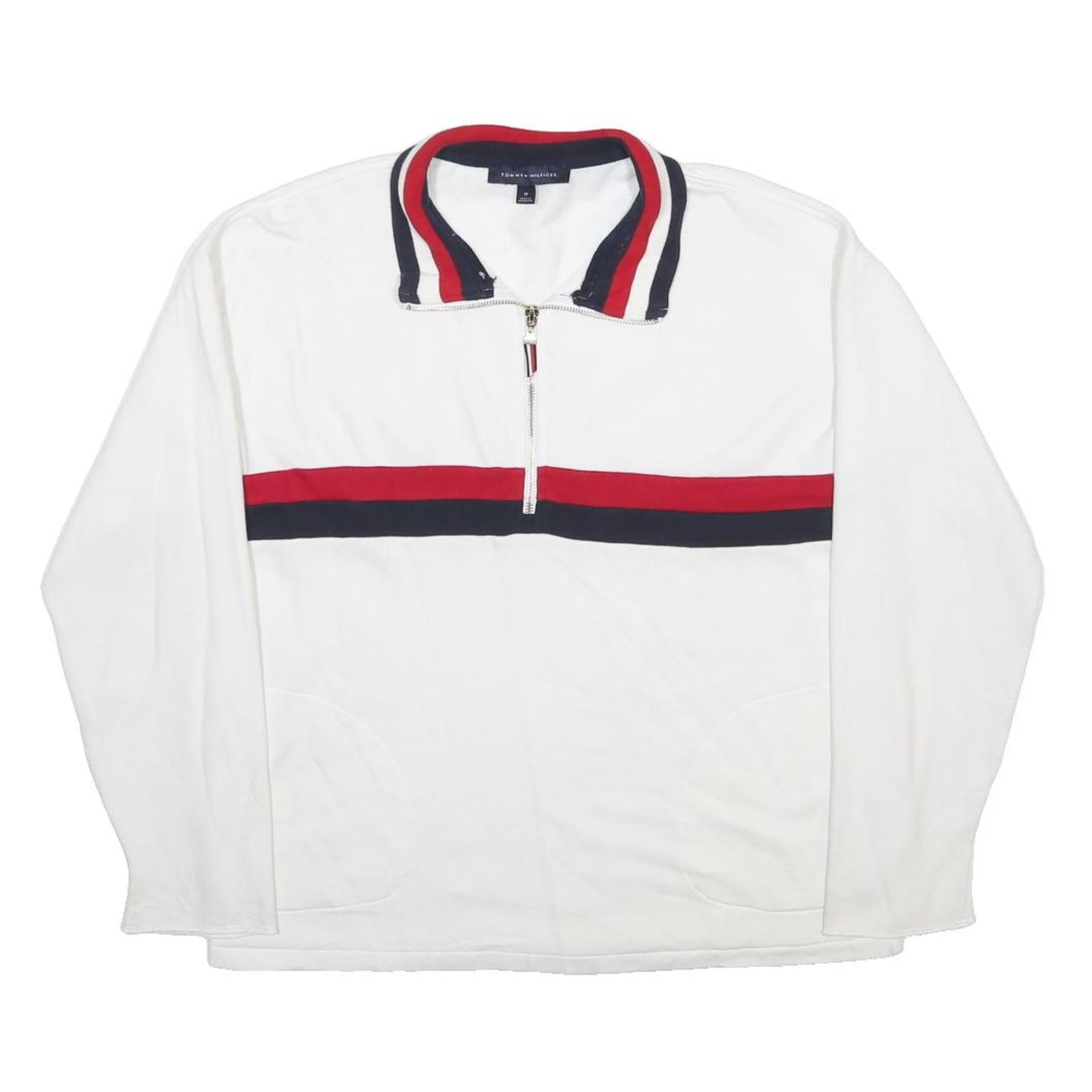 TOMMY HILFIGER Mens White & Navy Red Quarter Zip M Cotton Blend Sweatshirt