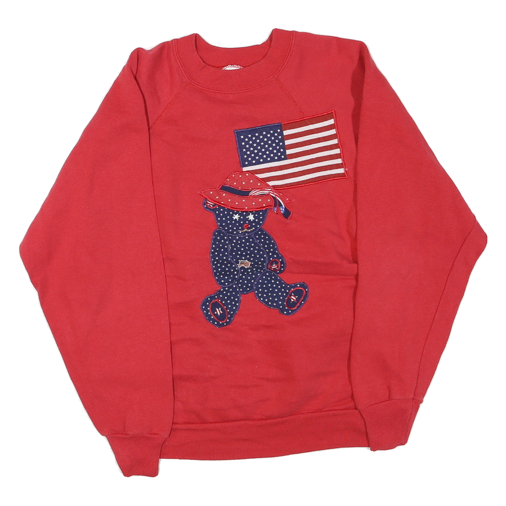 TULTEX Womens Red Cotton Blend Crew Neck L Sweatshirt Teddy Bear Flag Graphic