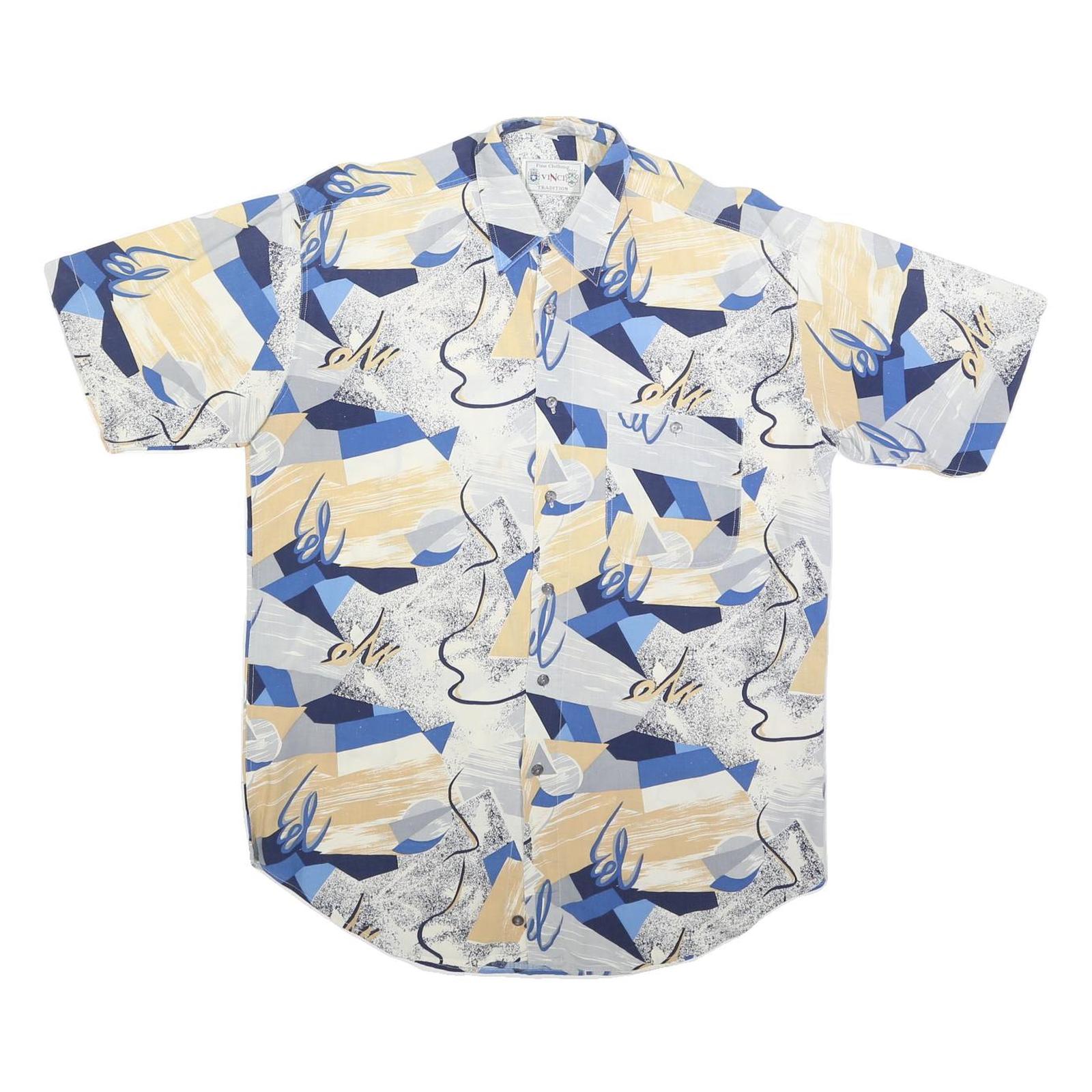 VINCI Mens Blue & Beige Abstract Pattern Shirt M Cotton Blend Casual Summer