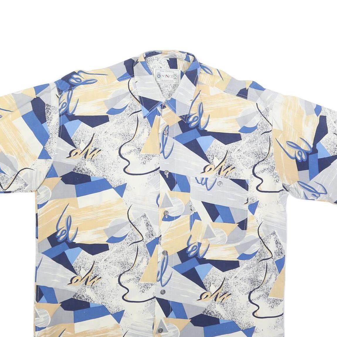 VINCI Mens Blue & Beige Abstract Pattern Shirt M Cotton Blend Casual Summer