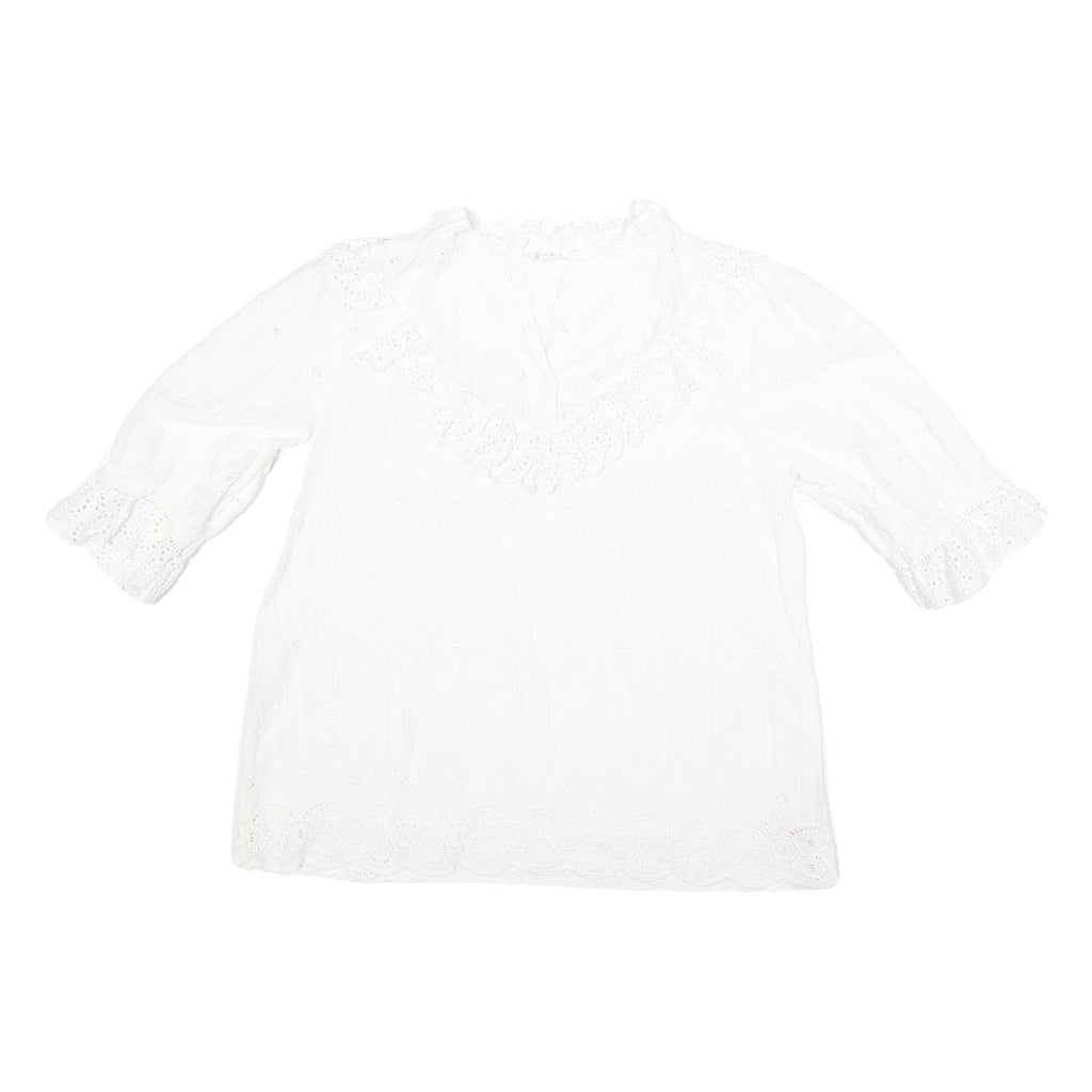 FAT FACE Womens White Lace Trim Cotton Blend Blouse 3/4 Sleeve V Neck UK 10