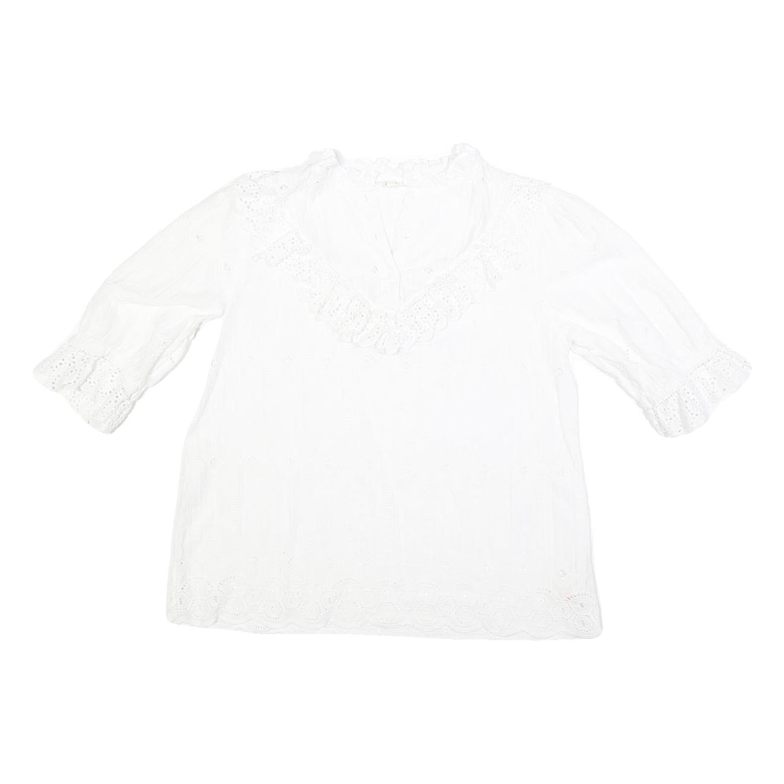 FAT FACE Womens White Lace Trim Cotton Blend Blouse 3/4 Sleeve V Neck UK 10