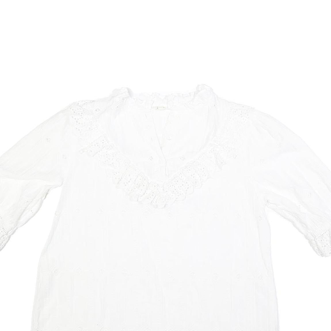 FAT FACE Womens White Lace Trim Cotton Blend Blouse 3/4 Sleeve V Neck UK 10