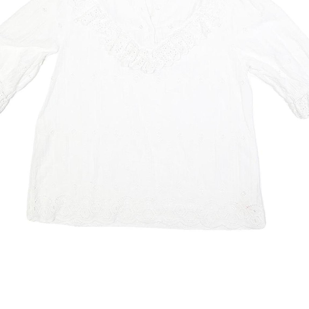 FAT FACE Womens White Lace Trim Cotton Blend Blouse 3/4 Sleeve V Neck UK 10