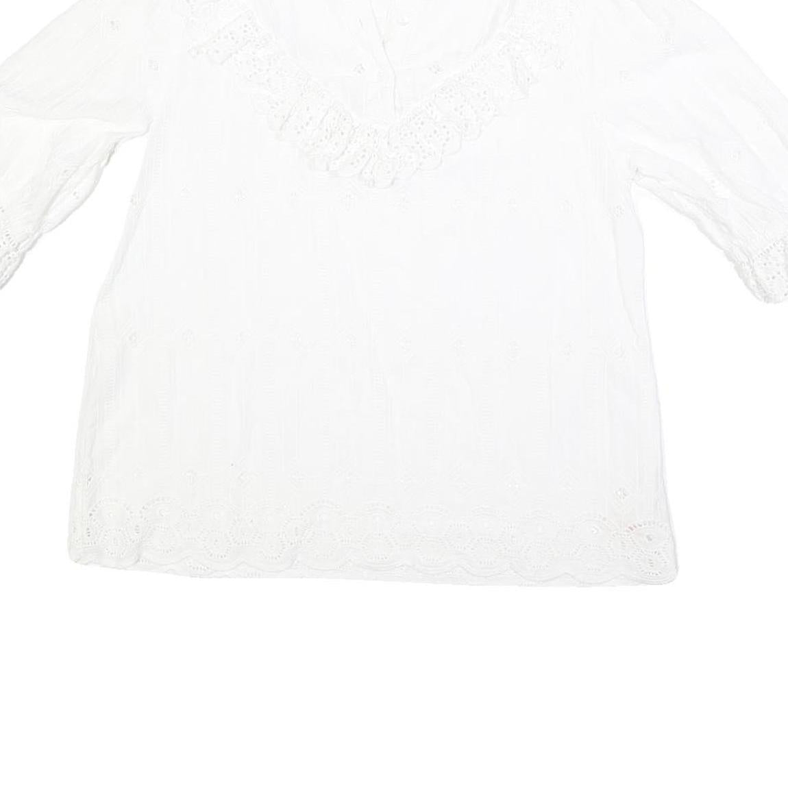 FAT FACE Womens White Lace Trim Cotton Blend Blouse 3/4 Sleeve V Neck UK 10