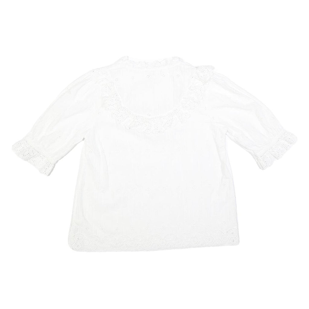 FAT FACE Womens White Lace Trim Cotton Blend Blouse 3/4 Sleeve V Neck UK 10