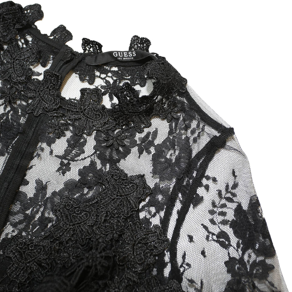 GUESS Womens Black Lace Playsuit M Floral Pattern Zip Closure Short Sleeve
