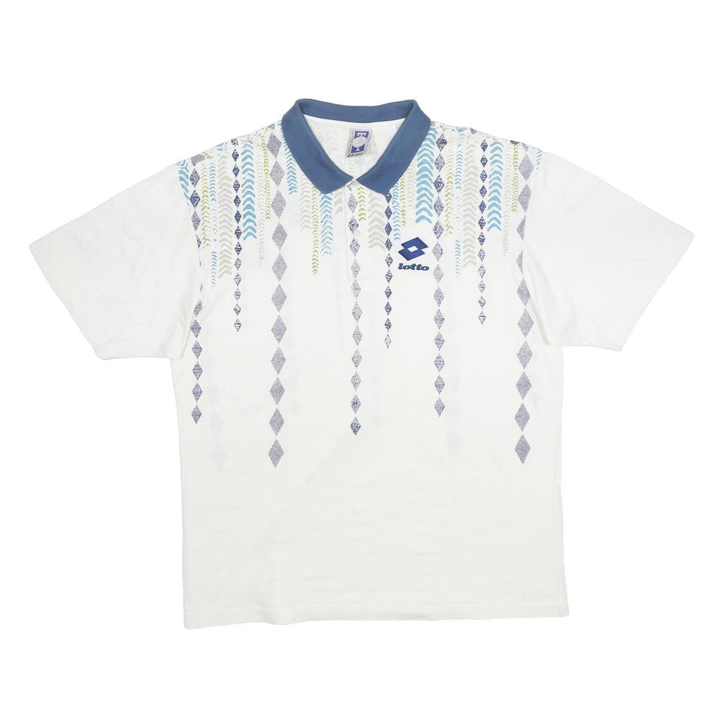 LOTTO Mens White & Blue Geometric Pattern Short Sleeve Polo Shirt L Cotton