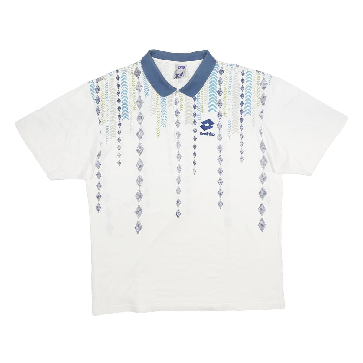 LOTTO Mens White & Blue Geometric Pattern Short Sleeve Polo Shirt L Cotton