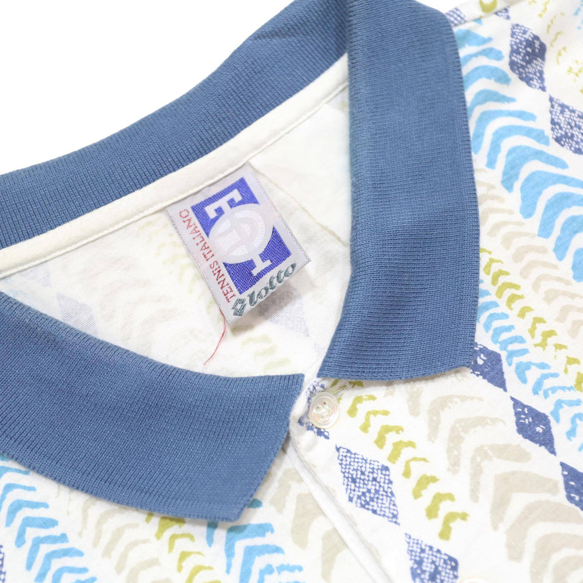 LOTTO Mens White & Blue Geometric Pattern Short Sleeve Polo Shirt L Cotton