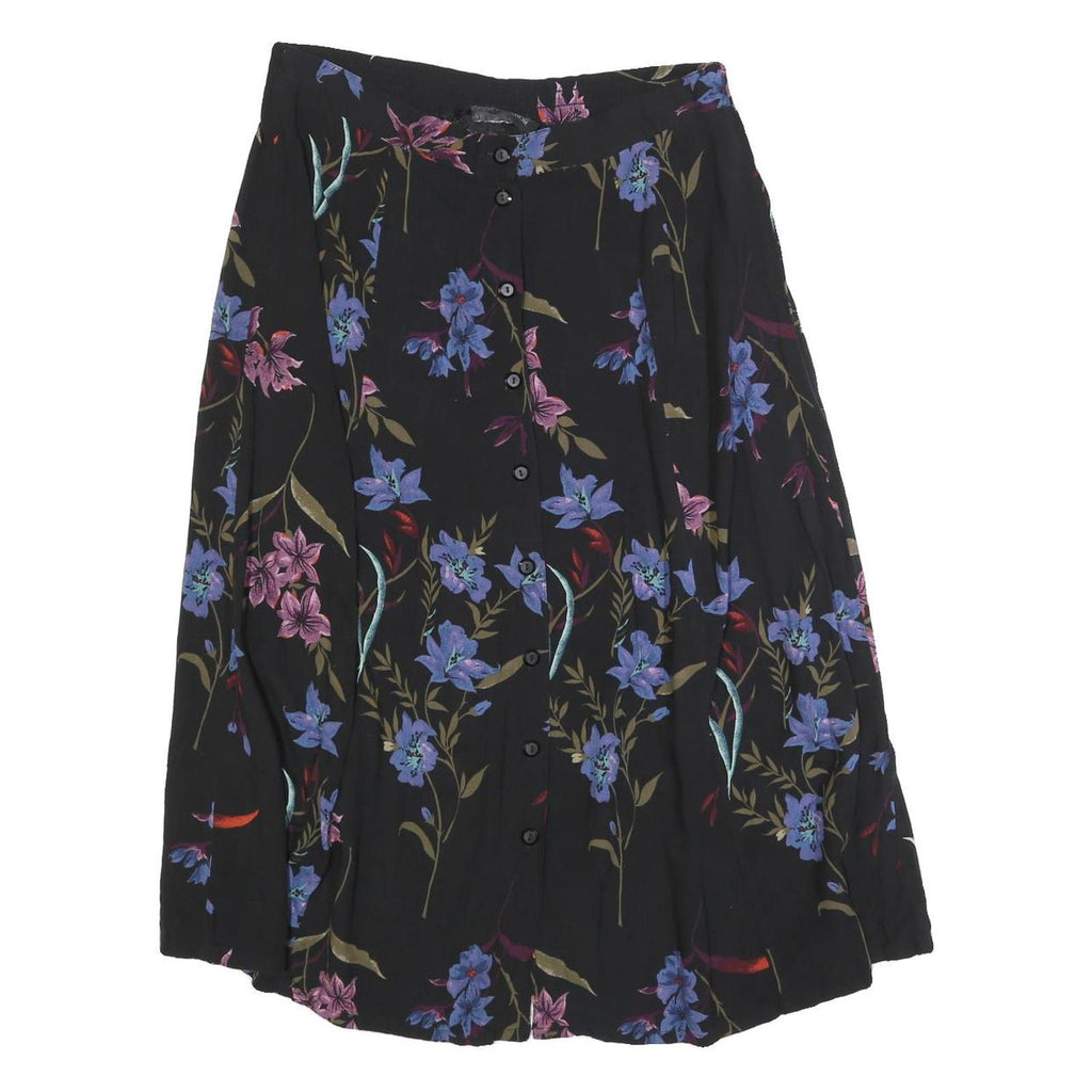 SAG HARBOR Womens Black Floral Print Button Midi Cotton Blend Skirt L Elegant