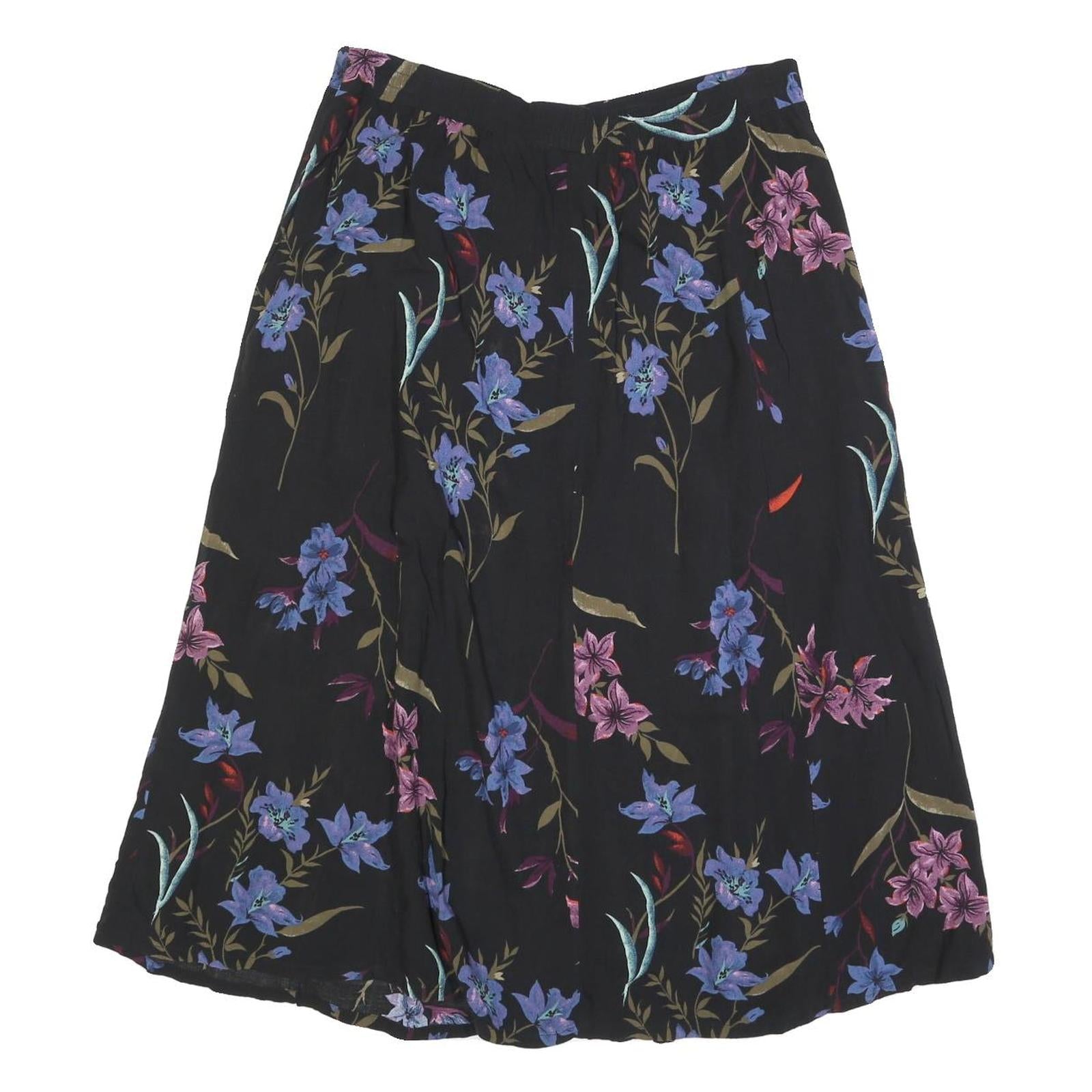 SAG HARBOR Womens Black Floral Print Button Midi Cotton Blend Skirt L Elegant