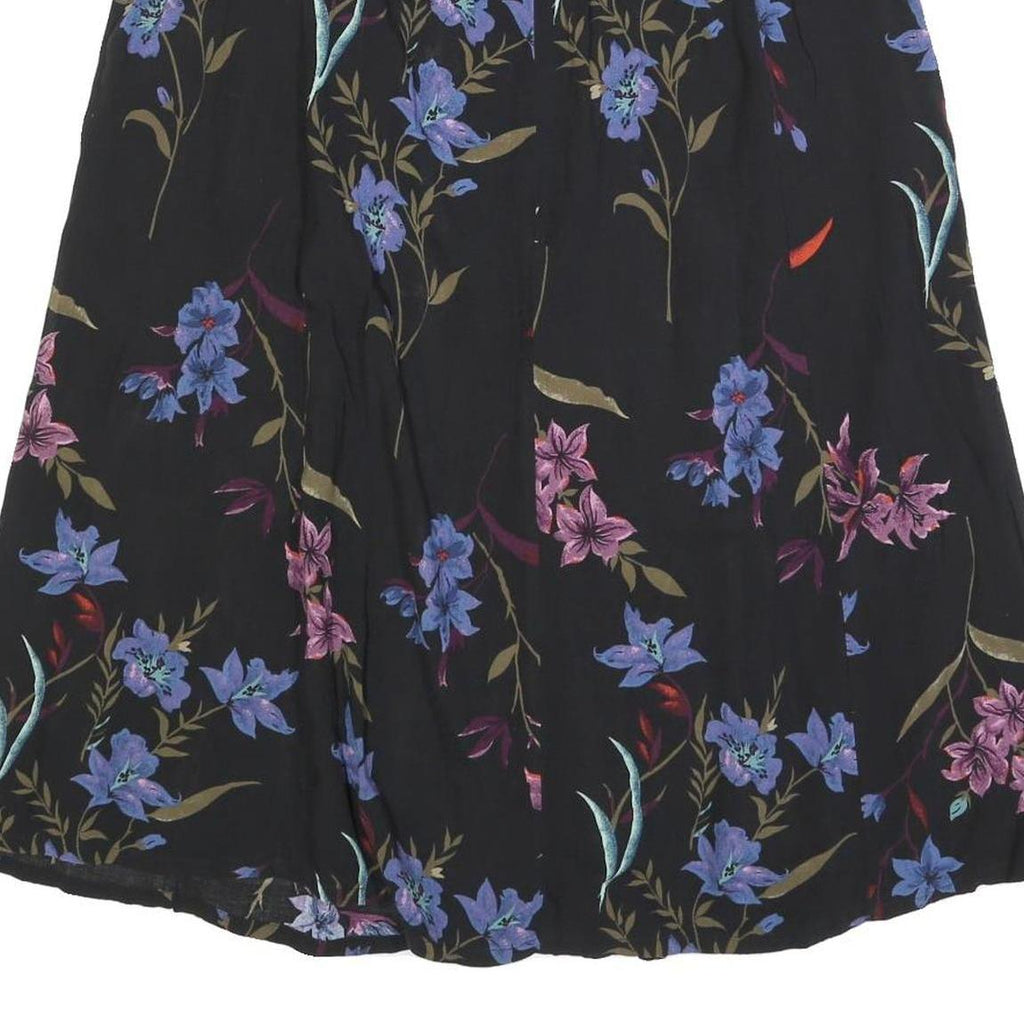 SAG HARBOR Womens Black Floral Print Button Midi Cotton Blend Skirt L Elegant