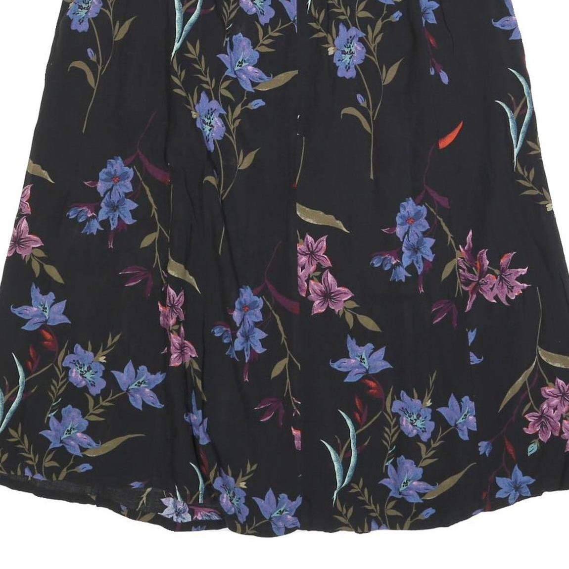 SAG HARBOR Womens Black Floral Print Button Midi Cotton Blend Skirt L Elegant