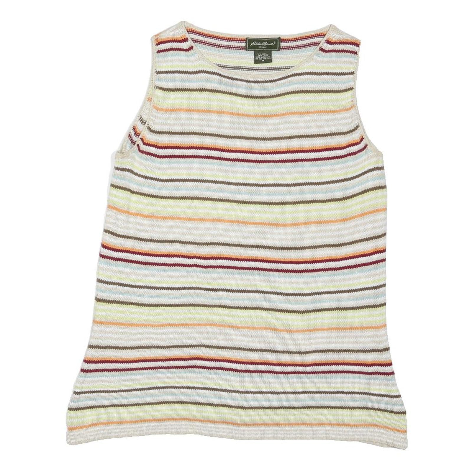 EDDIE BAUER Womens Cream Brown Striped Sleeveless Round Neck Top M Cotton Blend