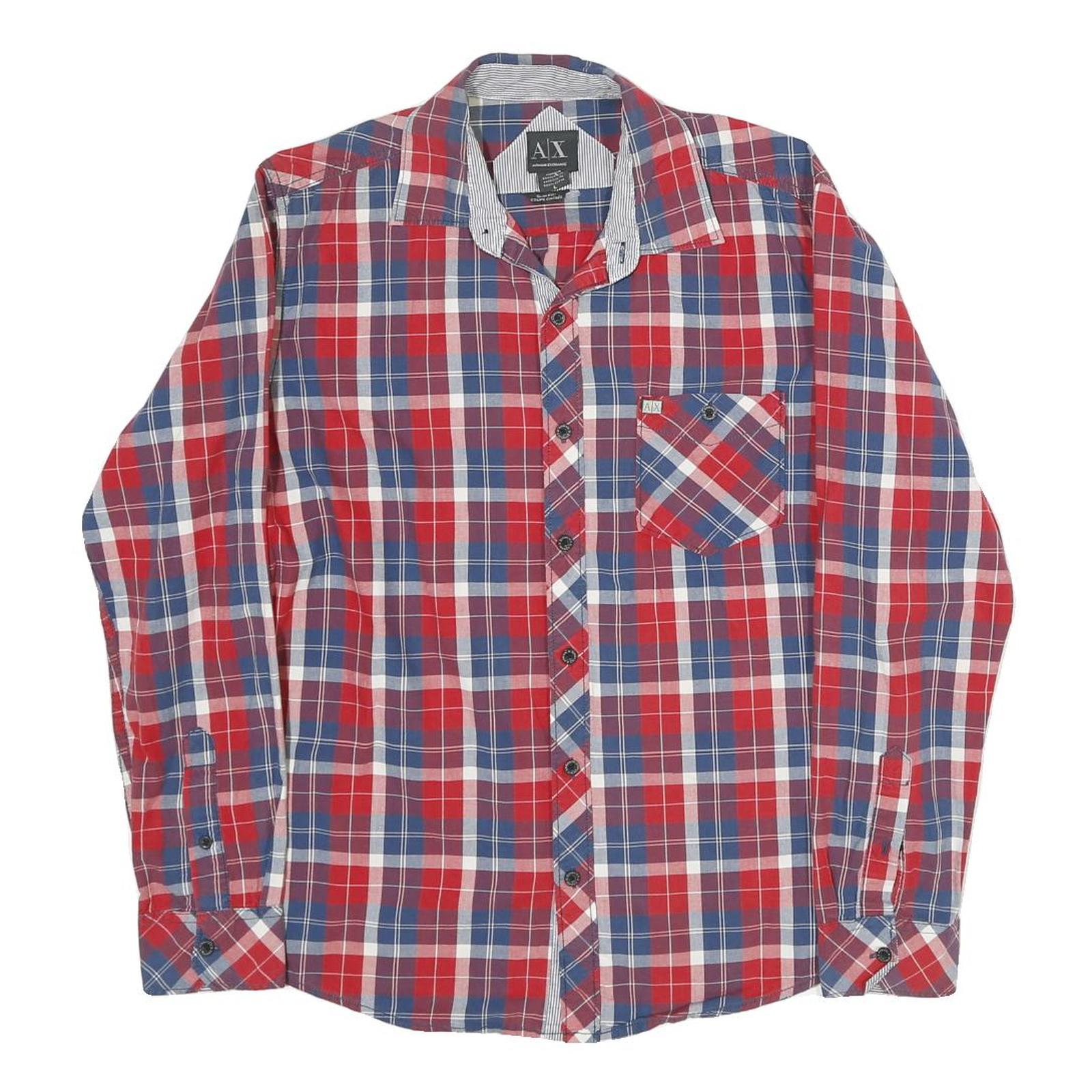 ARMANI EXCHANGE Mens Red Blue White Check Shirt L Casual Cotton Long Sleeve