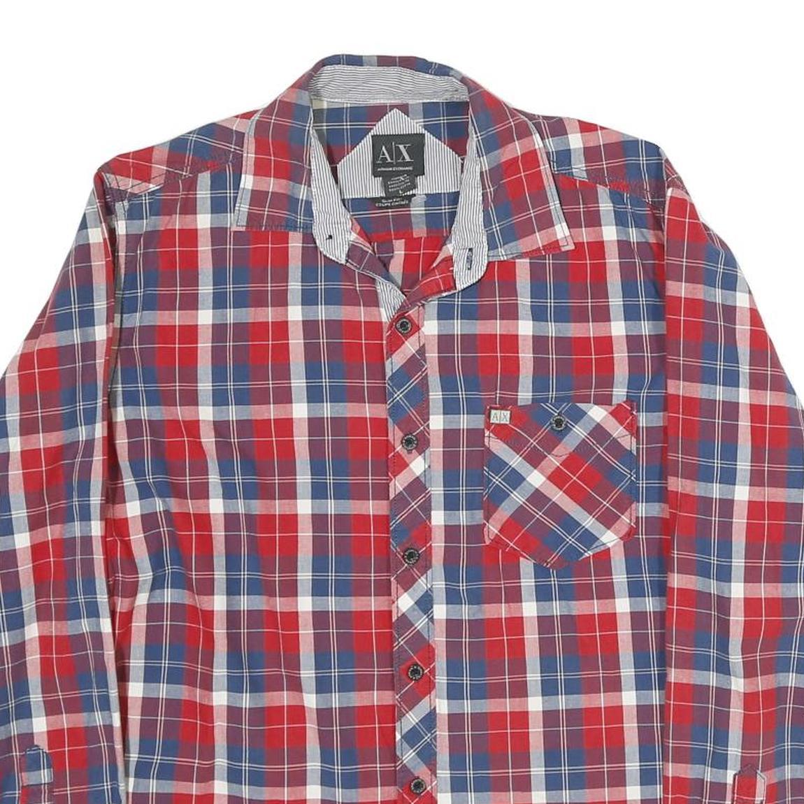 ARMANI EXCHANGE Mens Red Blue White Check Shirt L Casual Cotton Long Sleeve