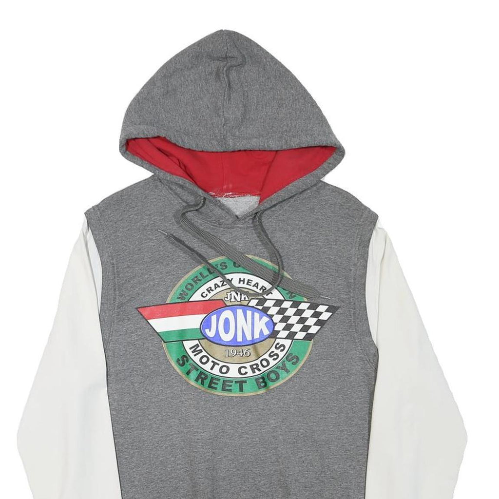 Mens Grey & White Jonk Moto Cross Hoodie S Graphic Cotton Blend Pullover