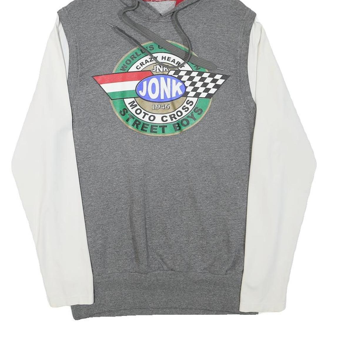 Mens Grey & White Jonk Moto Cross Hoodie S Graphic Cotton Blend Pullover