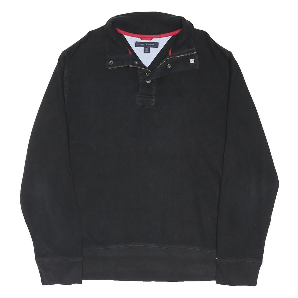 TOMMY HILFIGER Mens Black Button Pullover Plain Crew Neck Basic Knit L Cotton